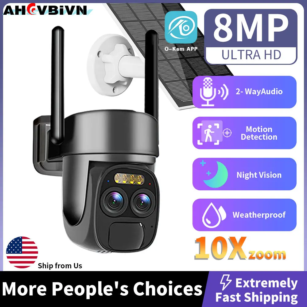 4K 8MP Dual Lens WIFI Solar Pane Camera Outdoor 10X Optical Zoom Audio Color Night Vision Bulit-in Battery Security Camera O-KAM