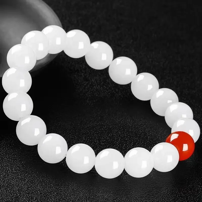 Classic Pure White Jade, High Quality Gold Silk Jade, Quartzite Jade and Red Agate Bead Bracelet