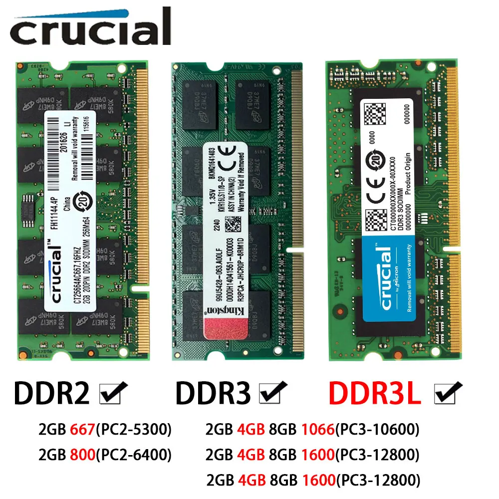 

Crucial Memory DDR3 DDR3L DDR2 KVR Laptop RAM 2GB 4G 8GB 667 800 1066 1333 1600MHz SODIMM PC2-5300 PC3-12800 Notebook 1.35/1.5V