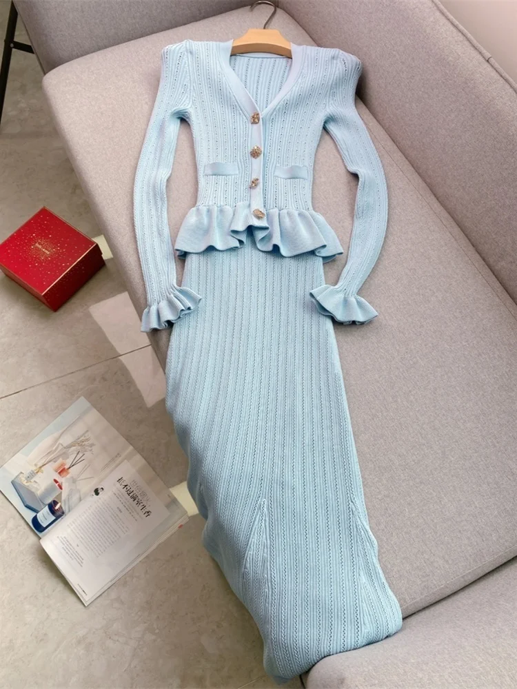 Quality Autumn Winter Knitted Sweater Dress Women Diamonds Button Fake Two Piece Set Ruffles Long Sleeve Maxi Evening Vestidos