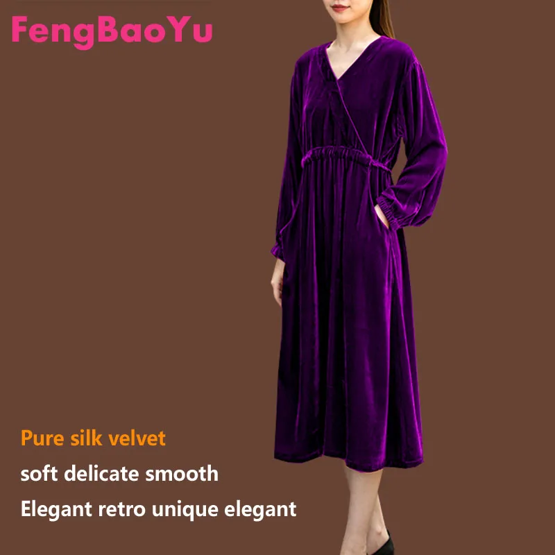 Fengbaoyu vestido feminino de veludo de seda natural, manga comprida, decote em V, comprimento médio, confortável, macio, casual, luxuoso