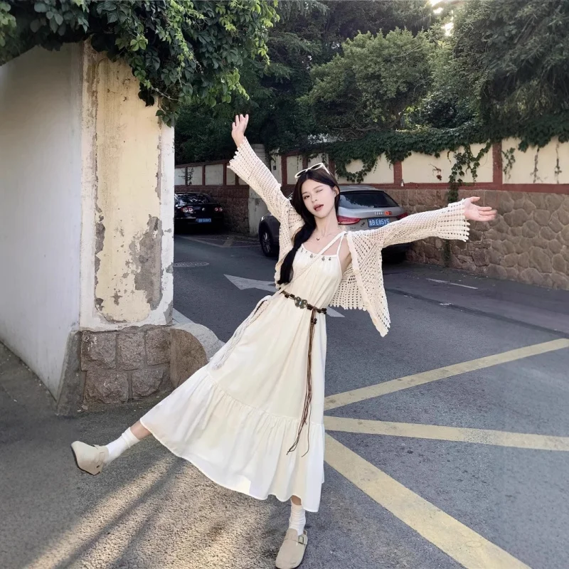 

Новое летнее платье на бретелях в сказочном стиле для женщин, утягивающий дизайн с застежкой талии, длинная юбка выше колена с принтом