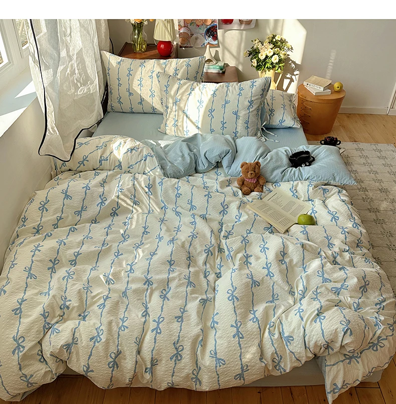2026 New Comforter Sets Duvet Cover Korean Style Bowknot Lace-up Puffy Cotton 4PCS Bedding Set For Women Girls Home Room Decor