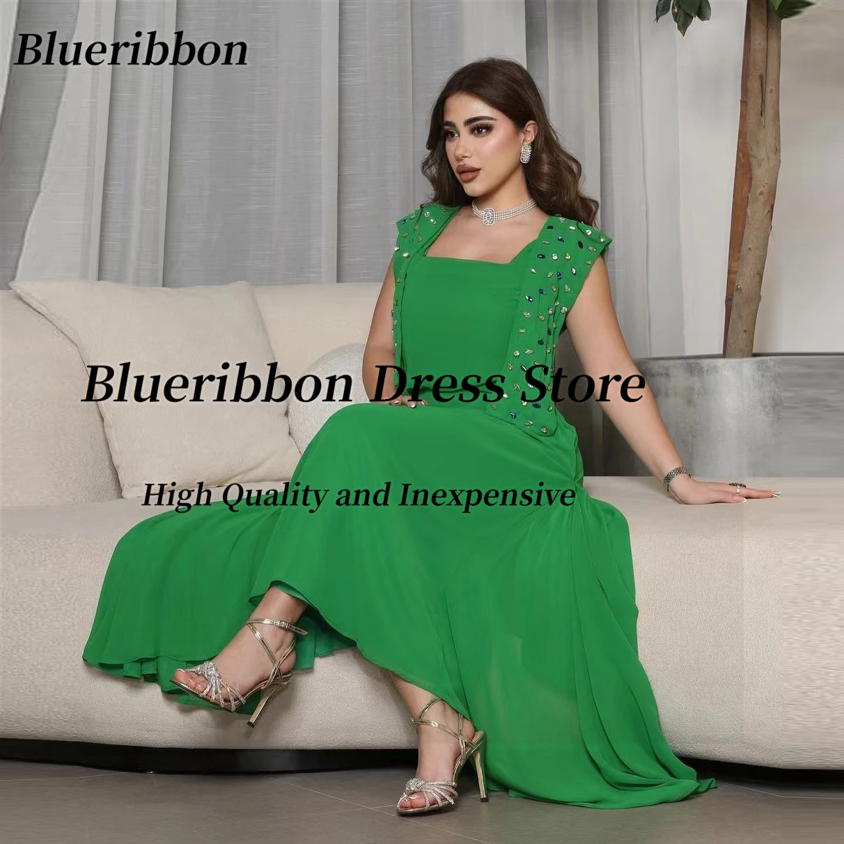 

Blueribbon فستان حفلات الزفاف Square Neck Beaded Shawls Prom Dresses for Saudi Women Plus Size Special Party Evening Gowns