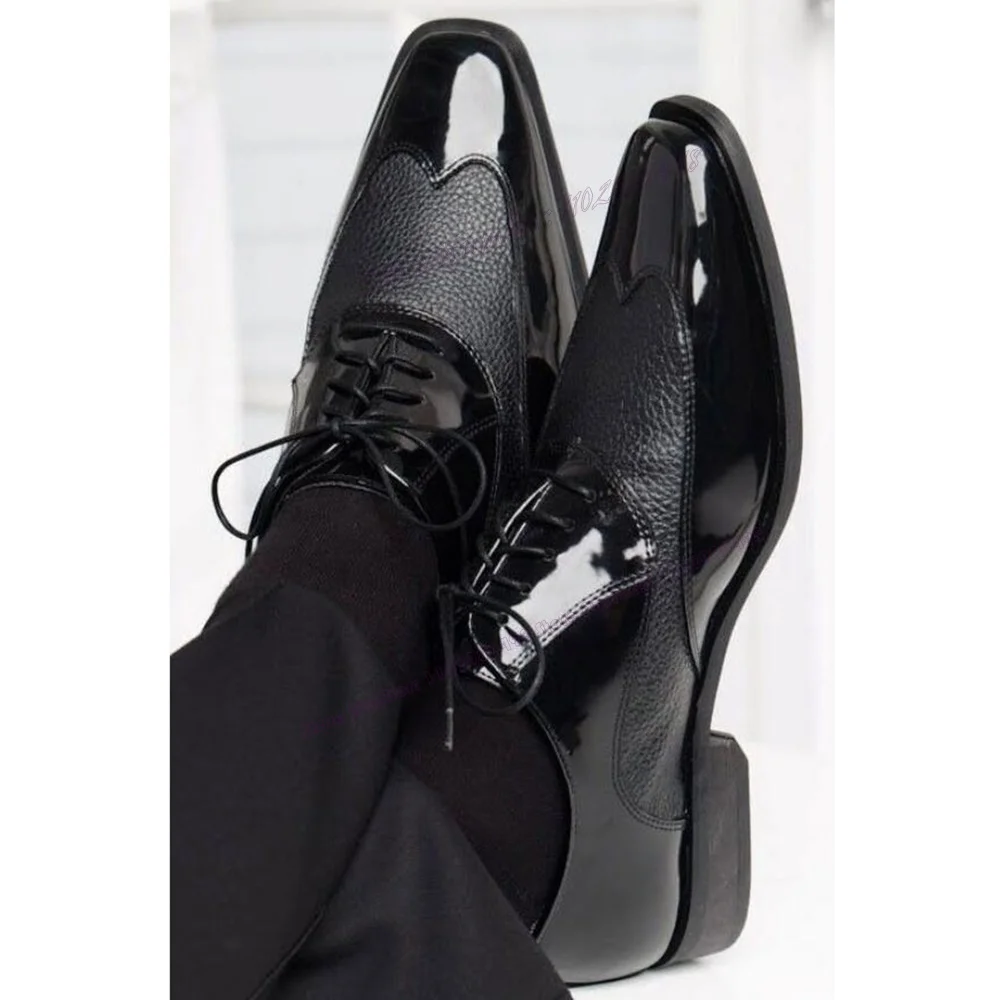 

Black Patchwork Men's Dress Shoes Lace Up Pointed Toe Chunky Heels Shoes Wedding Party Runway Shoes 2023 Zapatos Para Hombres