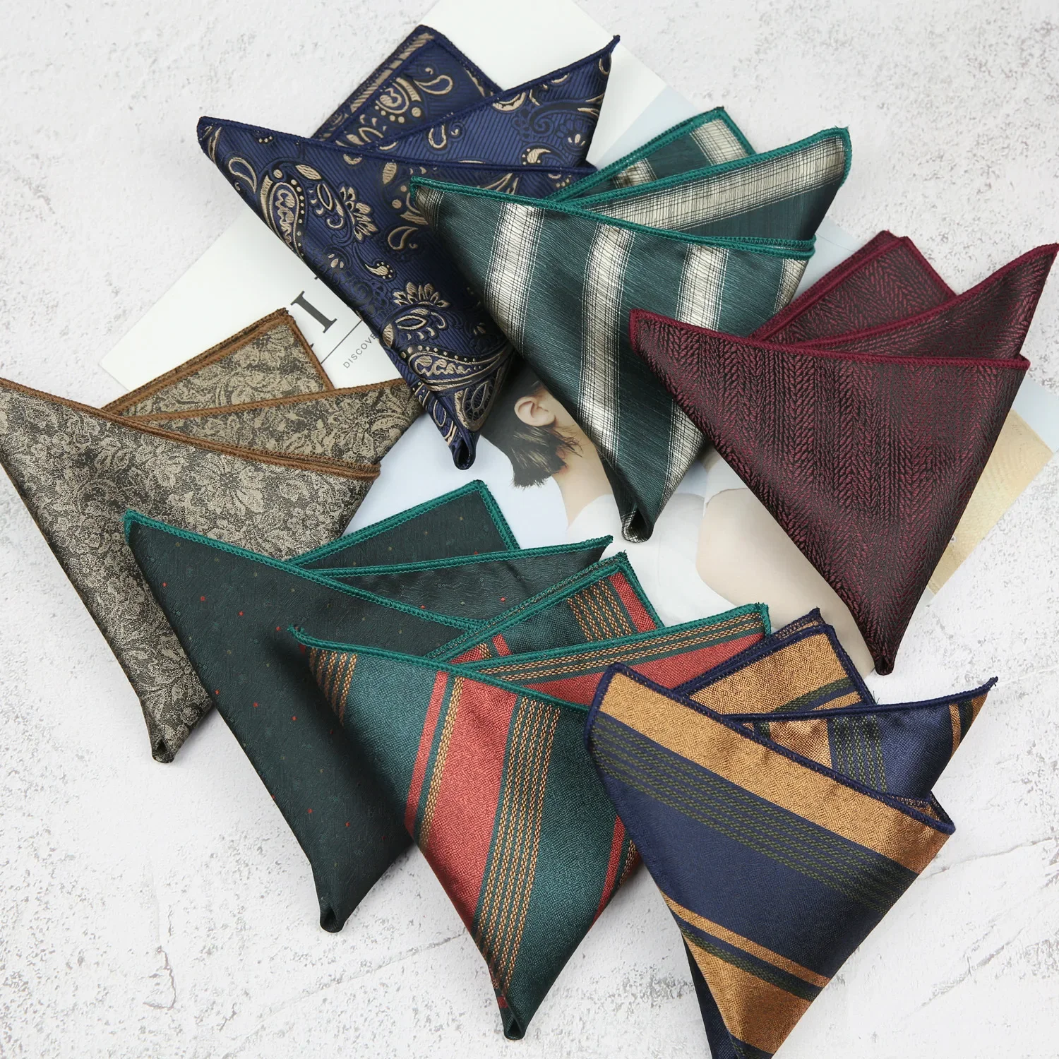 Italian Retro 24CM Jacquard Handkerchiefs Coffee Dark Green Striped Flower Pocket Square Gentleman Groomsman Wedding Suit Hanky