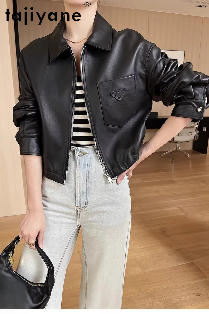 TAJIYANE chaqueta de piel de oveja auténtica para mujer, abrigo corto y elegante, chaquetas de cuero genuino, nueva ropa de otoño 2025 para mujer, dубл, onderка ж miscecud