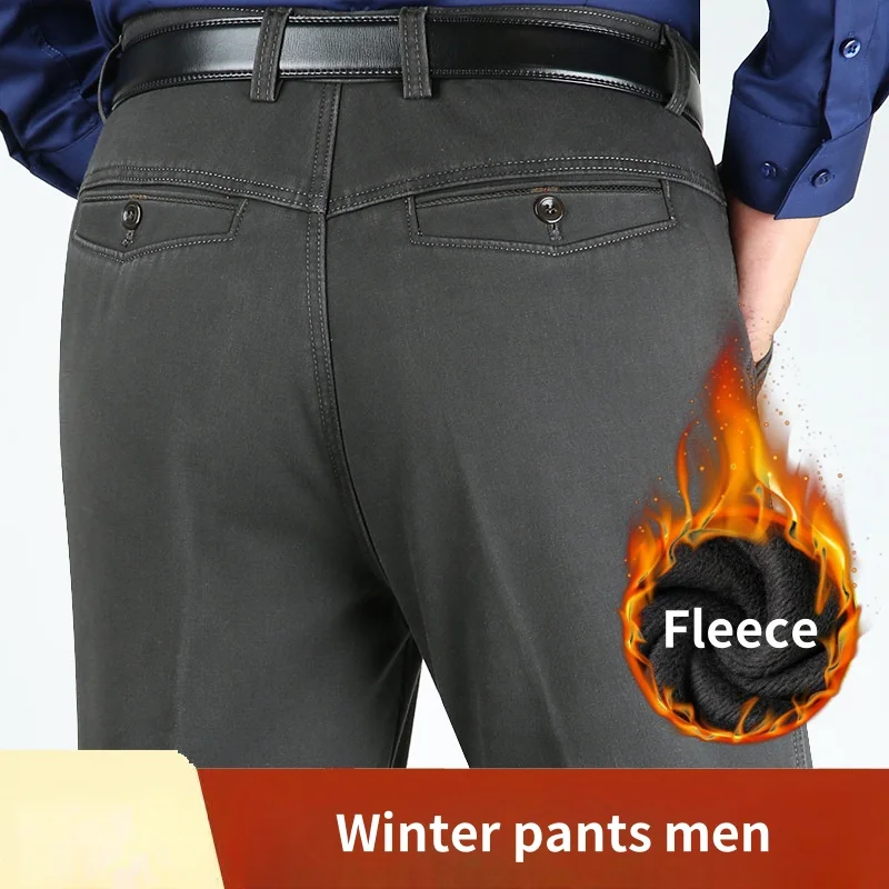 Warm Winter Pants For Man Casual High Waist Straight Black Khaki Thicken Fleece Loose Men Trousers Cotton Oversize 38 40 42