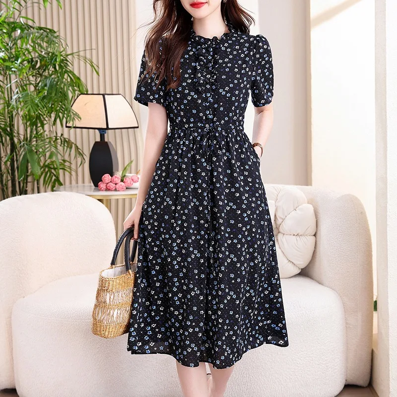 Vintage Navy Blue Floral Print - French Vintage Floral Midi Dress ulasan dan harga