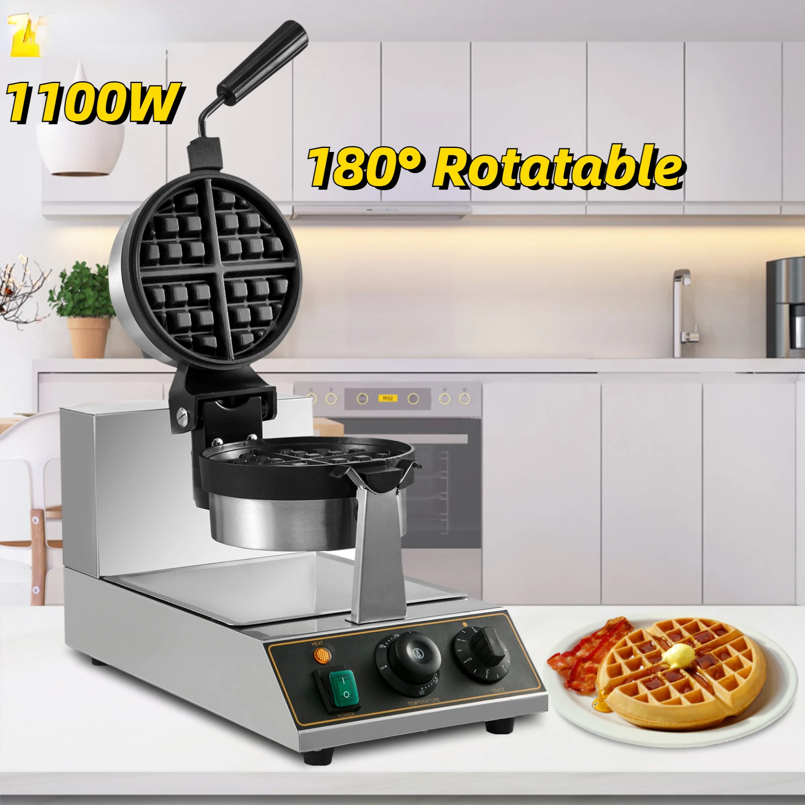 Round Waffle Maker 1100W Commercial Electric Nonstick Oven 180° Rotating Home Double Side Plate Cake Muffin Baking Machine