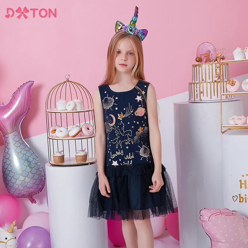 DXTON Girls Sleeveless Dress Summer Unicorn Children Dress Ruffles Casual Toddler Clothe Starry Sky Printed Kids Dress For Girls