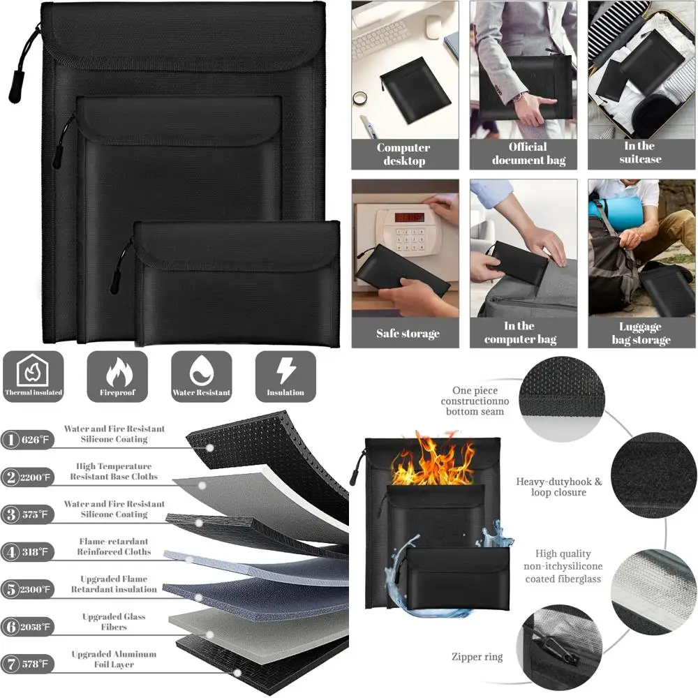 

Fireproof Waterproof Document Bag 2000℉ - 3 Pack Fireproof Bags for Cash/Documents with Locking Zipper, Waterproof Money Bag & P