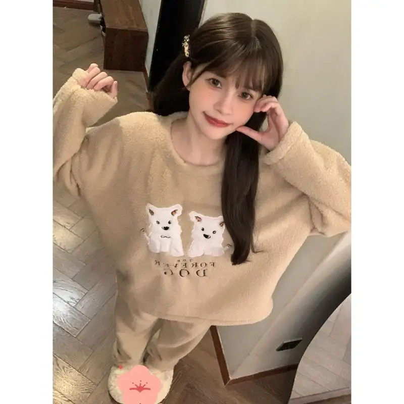 

Женские пижамы с полуворсом, осенне-зимняя ленивая одежда для сна, костюм для щенка, пижамный комплект на флисовой подкладке, утепленная домашняя одежда из кораллового флиса для студентов