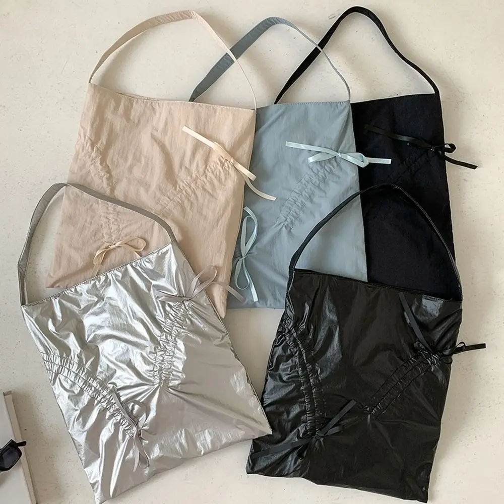 Koreanischen Stil Bogen Kordelzug Tasche Bowknot Falten Nylon Geraffte Schulter Tasche Einfarbig Nische Design Silber Einkaufstasche Outdoor