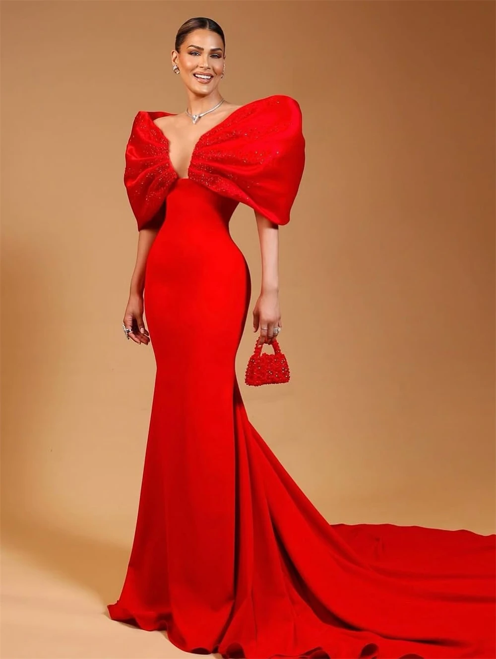 فستان سهرة أنيق من الجيرسيه الأحمر مخصص رسمي برقبة على شكل حرف V قبالة الكتف فستان الحفلات الناعم حورية البحر ذيل محكمة فستان العودة للوطن