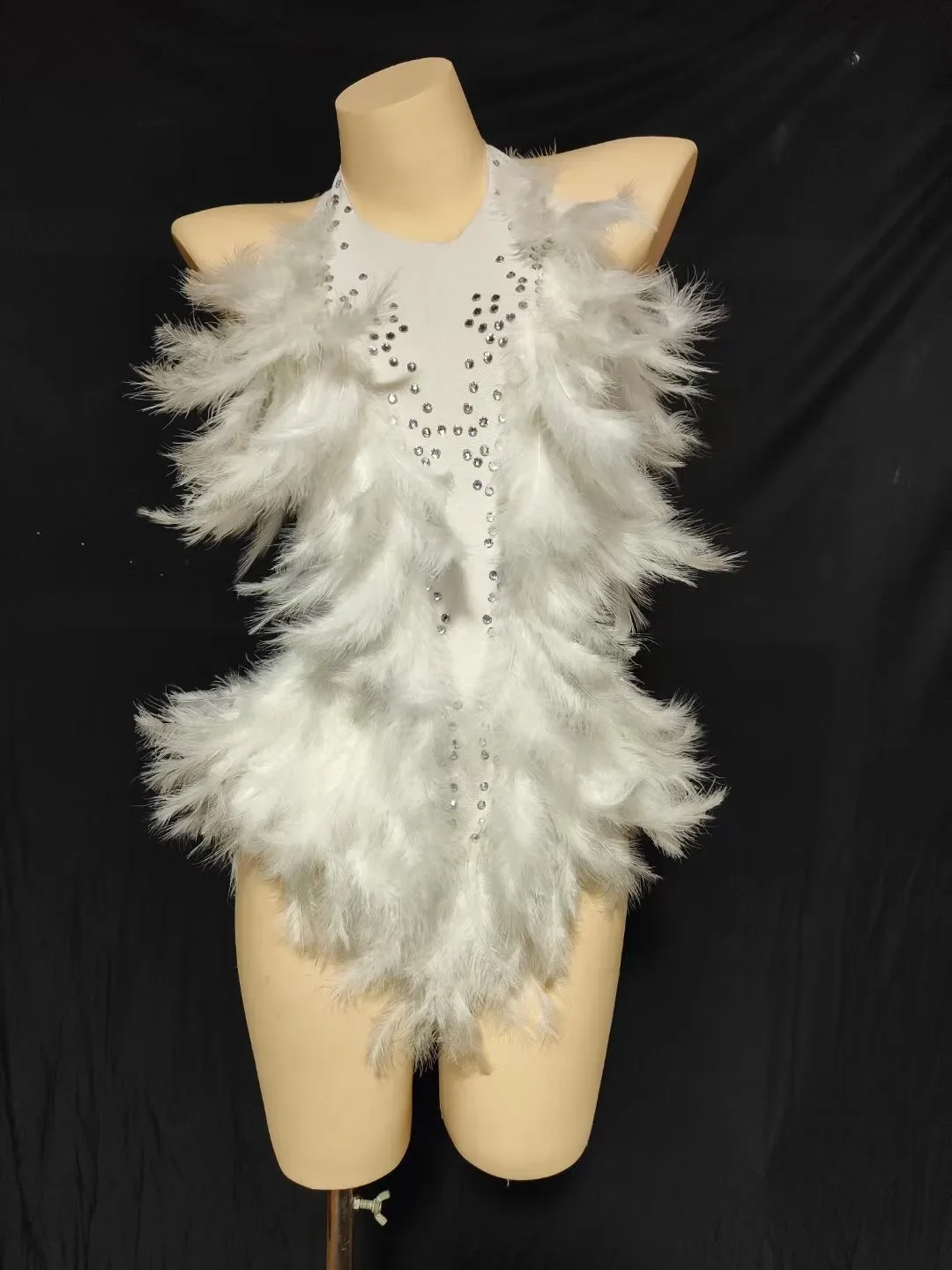 

White Rhinestone Bodysuits Women Drag Queen Costumes With Feather Dance Singer Performance Backless Leotard Stunning Stage Wear