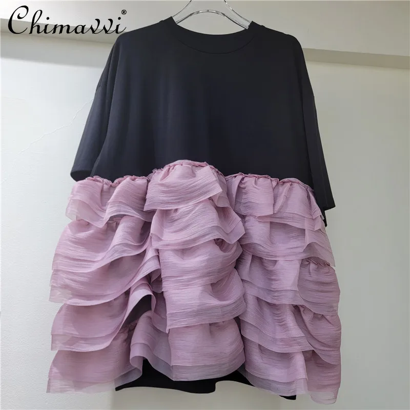 Mode Korte Mouwen Jurk Vrouwen 2023 Zomer Kleding Nieuwe Zoete En Cool Girl Mesh Stiksels Ruche Rand T-shirt jurken