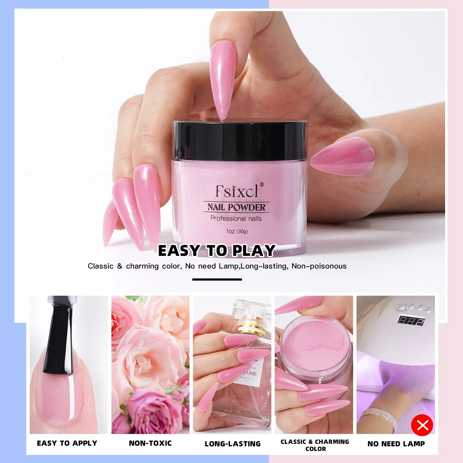 Fsixcl pó acrílico de imersão pura rosa, 1oz, arte em unhas, design diy para extensão de manicure profissional, pigmento funcional 3 em 1