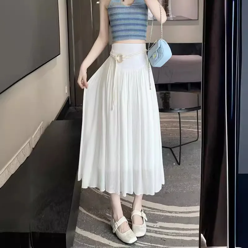 

Boho Women's Skirt Cotton Linen Yellow Female Skirts High Waist Harajuku 2025 Trend Luxury Elegant Vintage Long Skirt With Belt