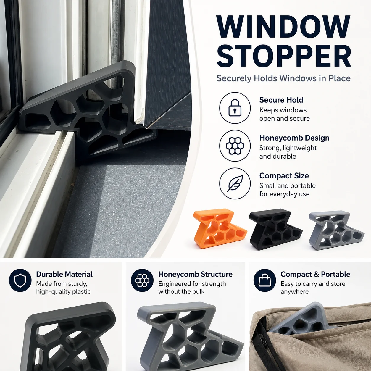 Window Stopper for Sliding Windows, Compact Window Track Holder, Anti-Rebound Wedge, Easy No-Tool Installation