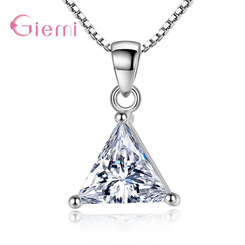 

925 Sterling Silver Pendant Necklace For Women Engagement Decoration Romantic Style Triangle Design CZ Cubic Zirconia