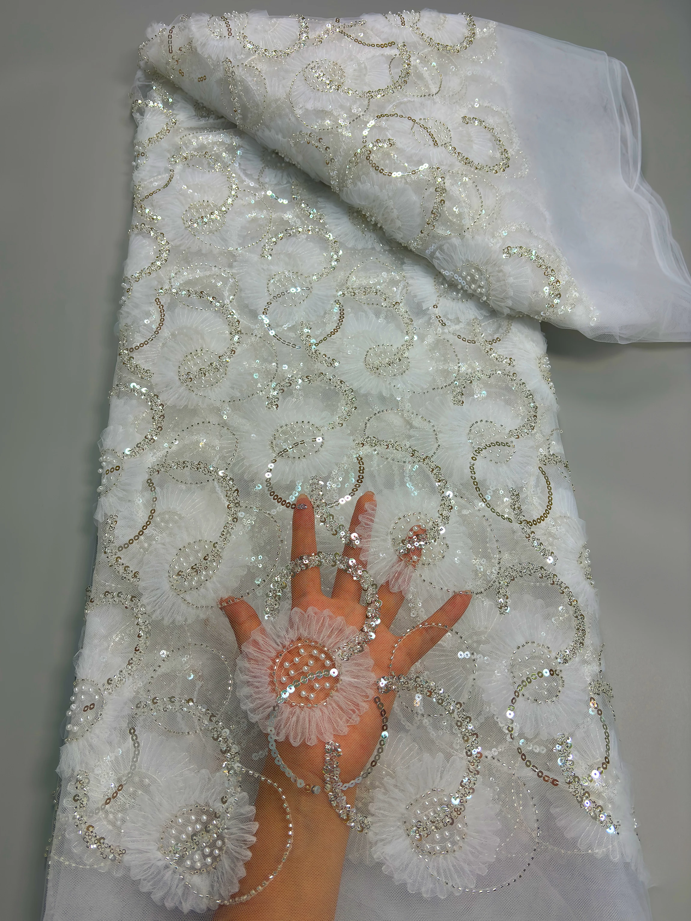 Madison Luxury African Beaded Lace Fabric 2026 High Quality Sequins Lace Fabrics For Nigerian Wedding French Mesh Lace Fabric