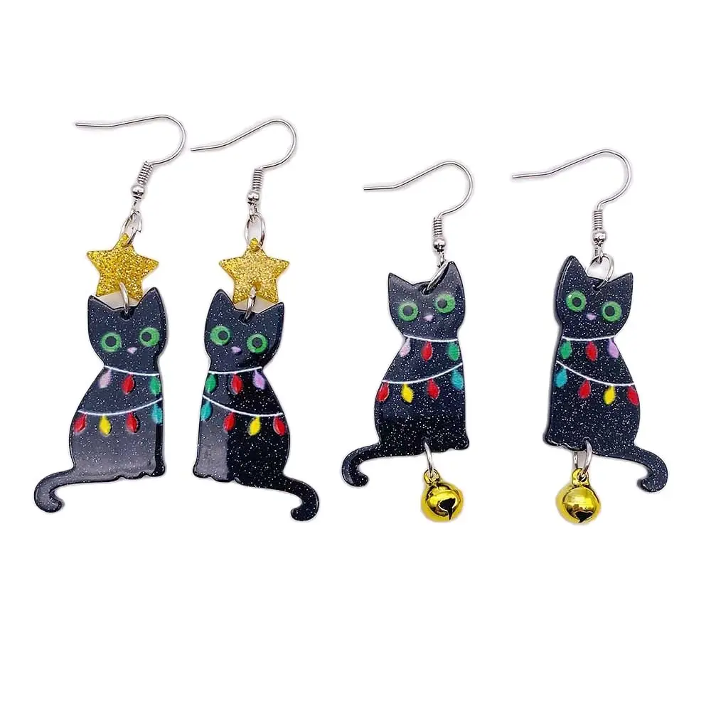 Pendientes de Navidad de cinco estrellas puntiagudas, luces de árbol de Navidad, campanas de gato negro, pendientes acrílicos, regalos de decoración navideña, nuevos