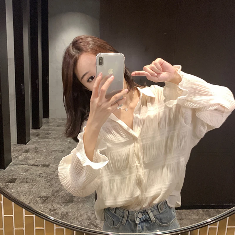 

Spring Thin Chiffon irt Women's Long Sve White Design Sense Faion Fairy Sle Top Korean Version Collar Button De...