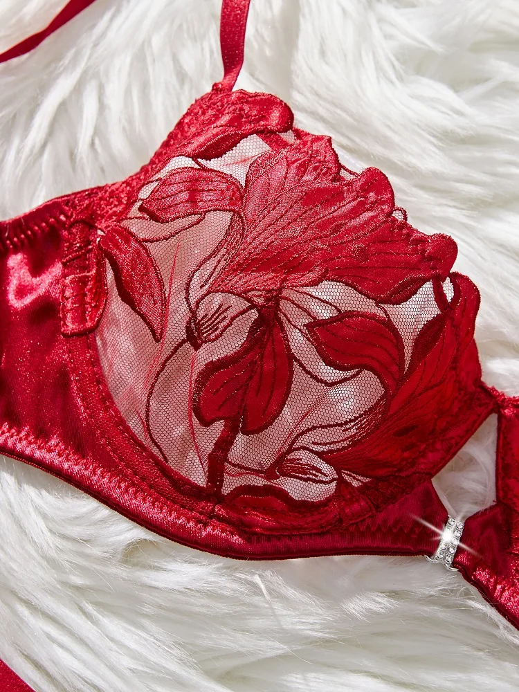 Sexy Lingerie 2 Pieces Delicate Embroidery Fancy Underwear Women Fantasy Bra Kit Translucent Erotic Set Wine Red Sexy Underwear