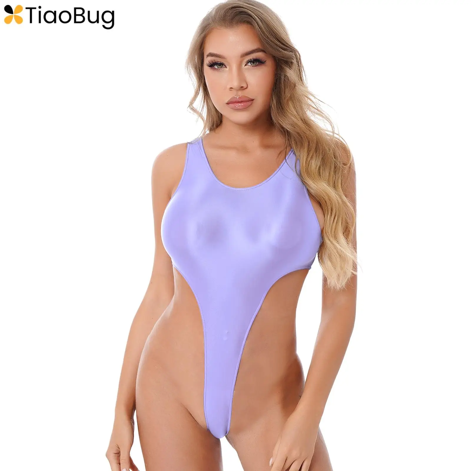 

Womens Shiny Glossy High Cut One Piece Swimsuit Sleeveless Gymnastic Leotard Sport Fitness Yoga Bodysuit Swimwear Beachwear