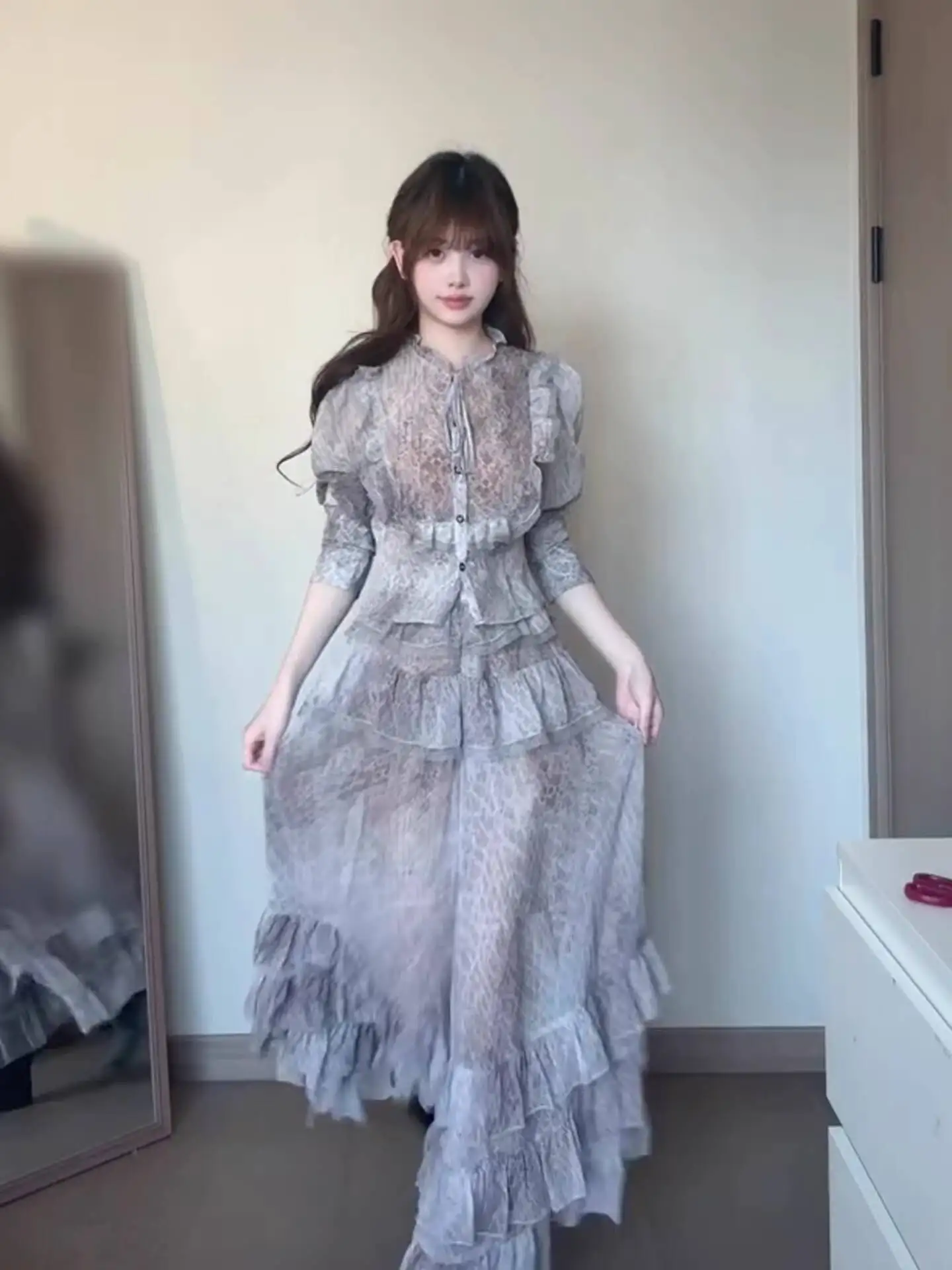 

Women Blouse Skirts Set 2026 Spring Summer Women's French Ruffled Shirts Leopard Print Top Slit Skirts Fashion Desig Ladies