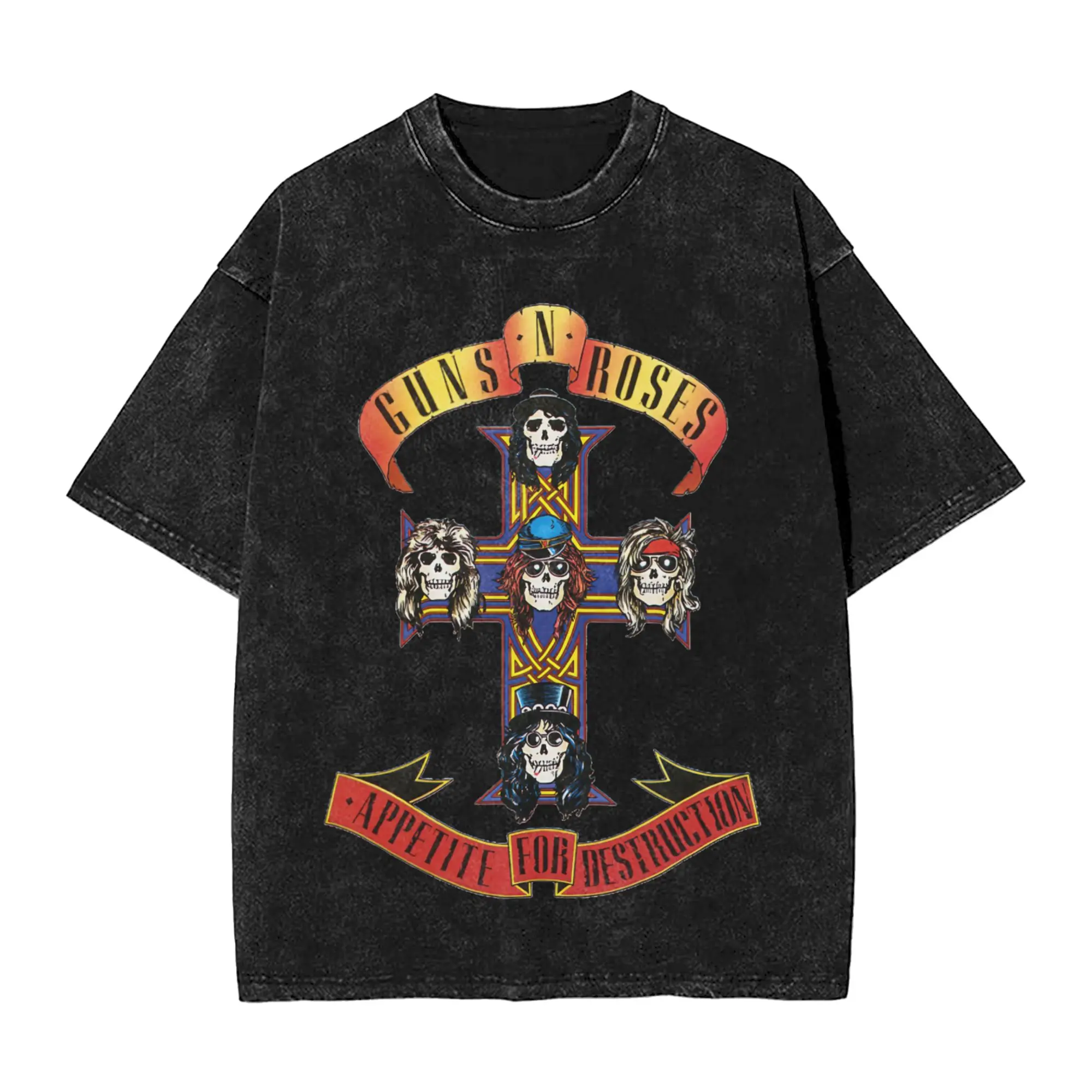 Guns N Roses Logo Washed T Shirts Streetwear Hip Hop Fashion T-Shirt  Tees Men Women Short Sleeve Oversize Printed