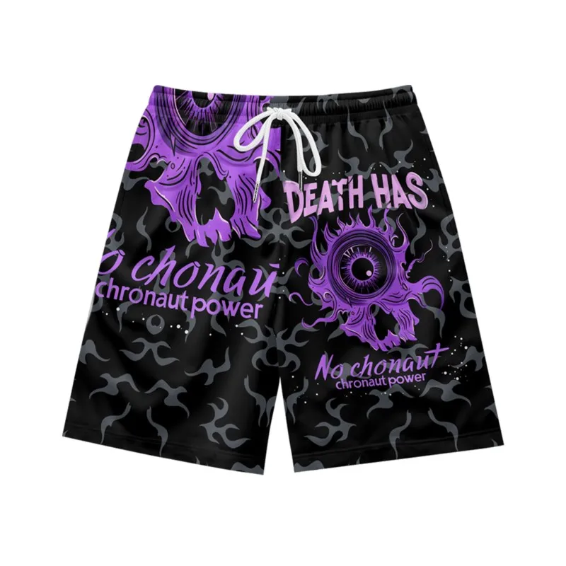 Purple eyes, letter print, creative fashion, personality, casual, loose, trendy, summer men's sports shorts, black