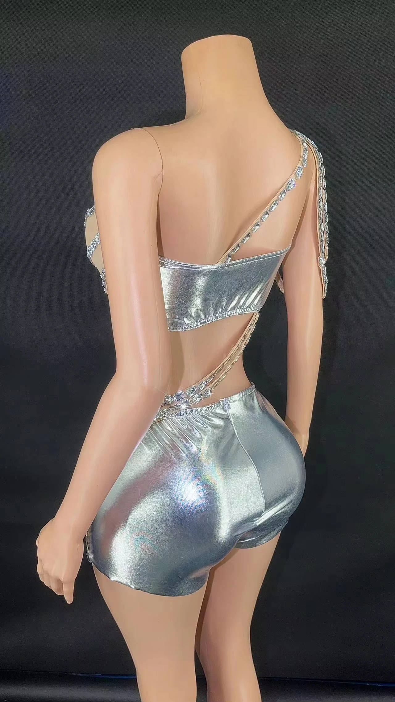 ZD Costume da donna sexy di lusso con strass scintillanti senza maniche, trasparente, aderente, sexy, ballo di fine anno, discoteca, festa, spettacolo