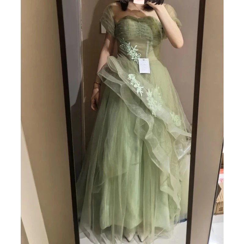 جديد العشب الأخضر قبالة الكتف طويل سيدة فتاة فستان وصيفة الشرف أداء الرقص فستان حفلة موسيقية