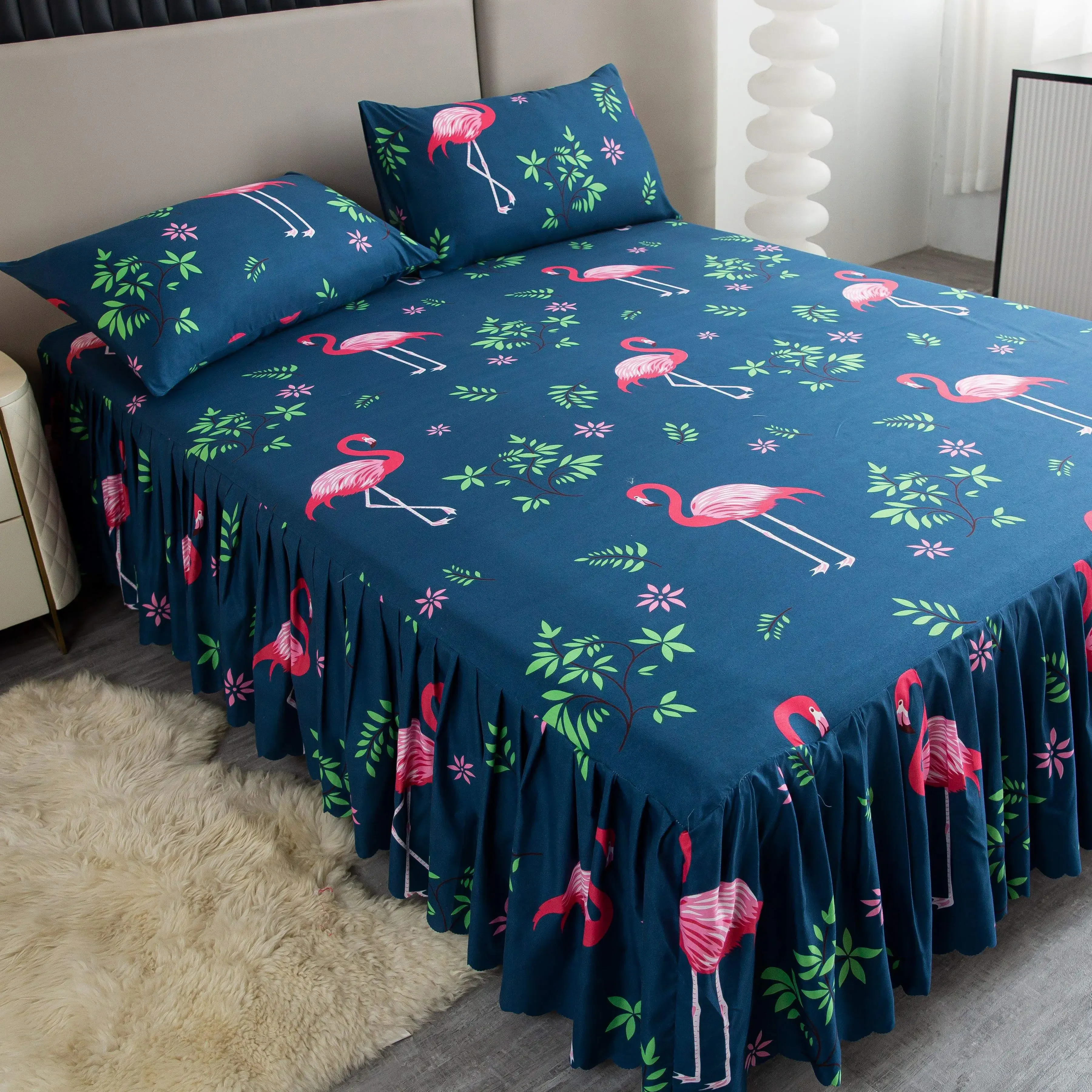 Tropical Flamingo Bed Skirt Set Macrame Bed Skirt Set All Seasons Universal Non-slip Bedding Set Bed Sheet Elastic Bedroom Decor