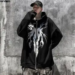 Mężczyźni Punk wzór nadrukowany zamek wstążka bluza z kapturem kurtka Hip-Hop Casual ponadgabarytowych bluzy płaszcz Streetwear jesień pary