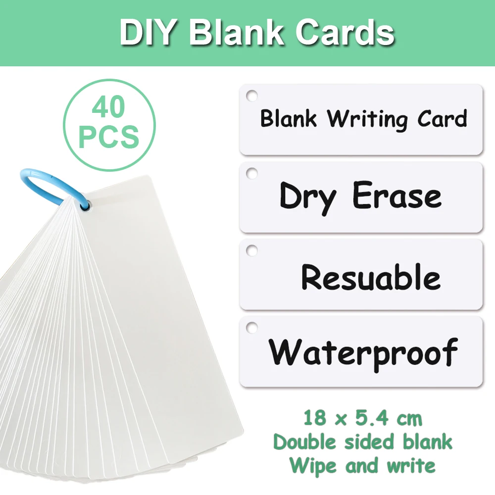 40Pcs Dry Erase Reusable Blank Strip Card Study Guide & Note Writing Cards Words Sentence or Math Training Teaching Aids 2x7inch