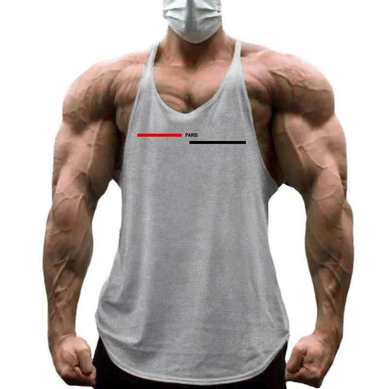 Men's Cotton Athletic Training Stringer Tank Top Running Vests Y-Back Racerback Curved Hem Gym Bodybuilding Workout Tanktop