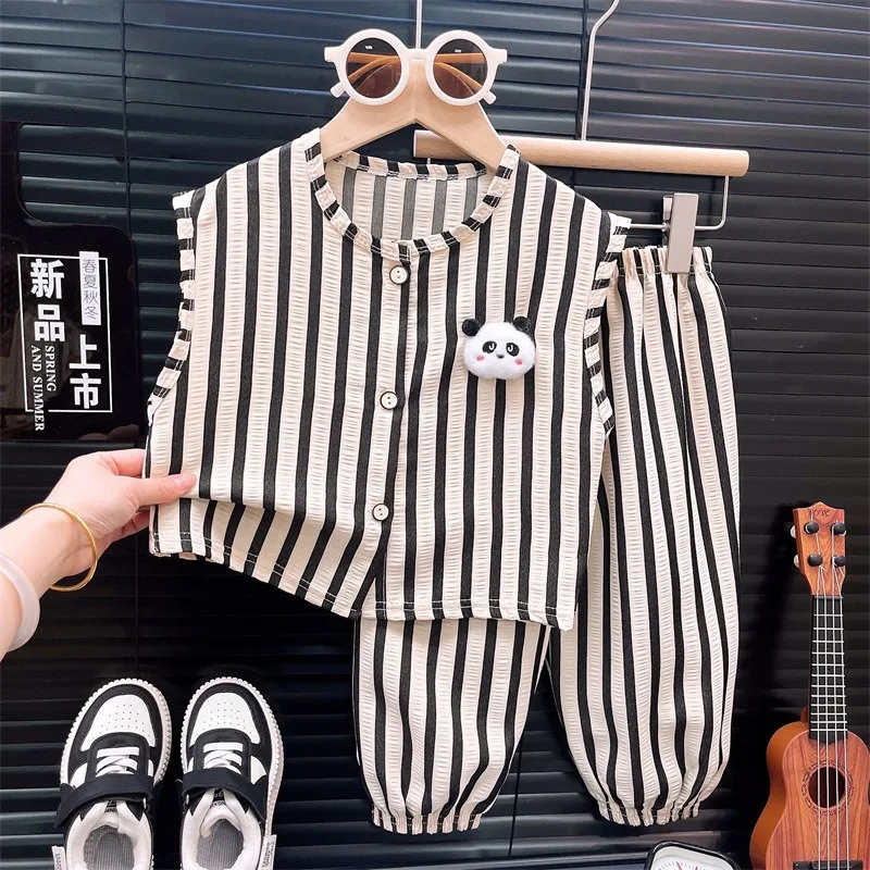 RAISE Summer Kids Boys 2PCS Clothes Set 3D Panda 2-8Yrs Boys Striped Vest Suits Loose Elastic Waist Todder Boys Trousers Outfits