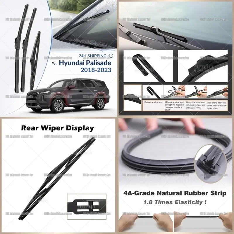 For Hyundai Palisade LX2 2018-2023 Front Rear Wiper Blades Windshield Window Rubber Refills 24 20 12 Inch Auto Accessories