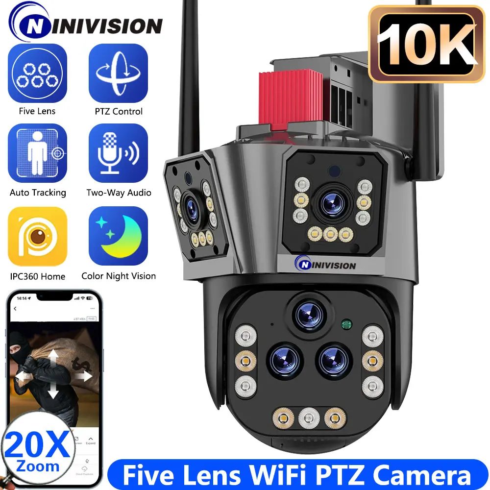 10K 20MP WiFi IP Camera 20X Zoom Five Lens Three Screen PTZ Cameras Outdoor 16MP 8K HD Surveillance Cam CCTV 4K Security Camera