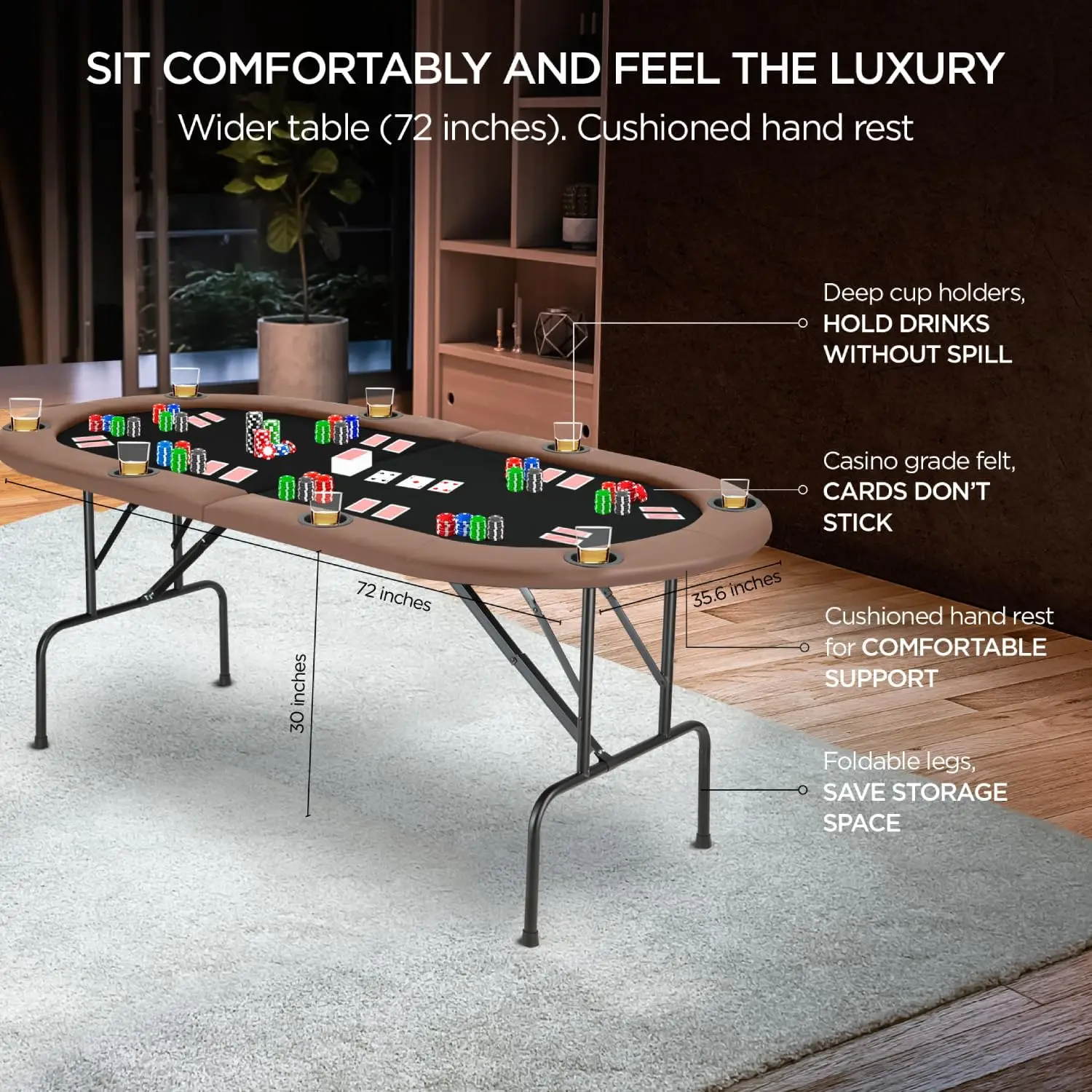 Poker table is foldable with cushioned armrests and cup holders, used for card game gambling