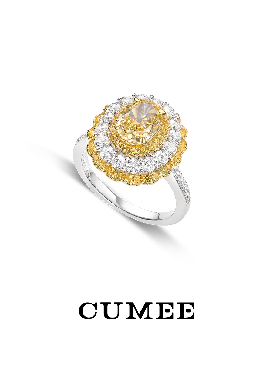 

CUMEE Daily Oval Lemon Yellow Synthetic Gemstone Diamond Ring 925 silver gold-plated Halo Rings for Women Anniversary