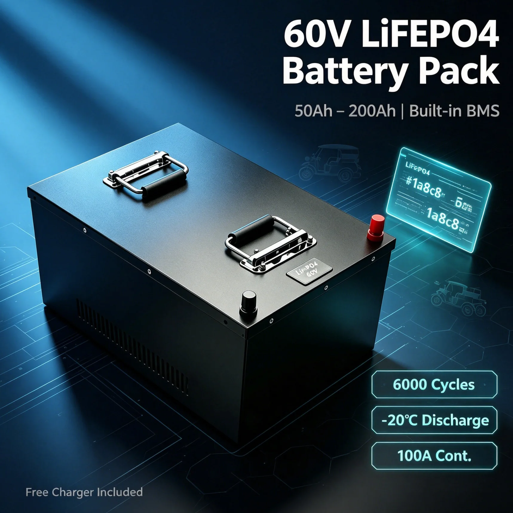 Premium 60V 50Ah/80Ah/100Ah/120Ah/150Ah/180Ah/200Ah LiFePO4 Battery Pack with BMS and Charger for Electric Tricycle Golf Vehicle