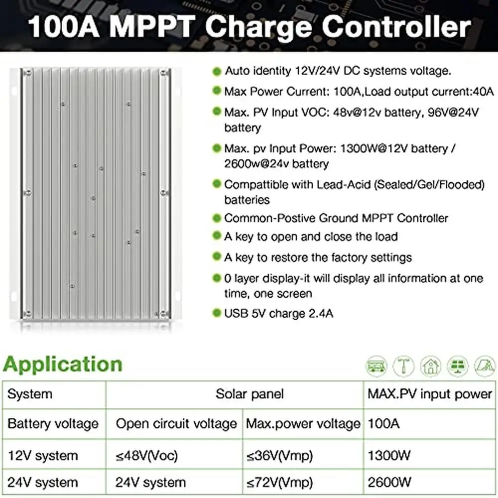 100A MPPT Solar Panel Charge Controller 12/24V Auto Lead-Acid AGM Gel LiFePO4 Battery Regulator Blacklight LCD Display Lightning