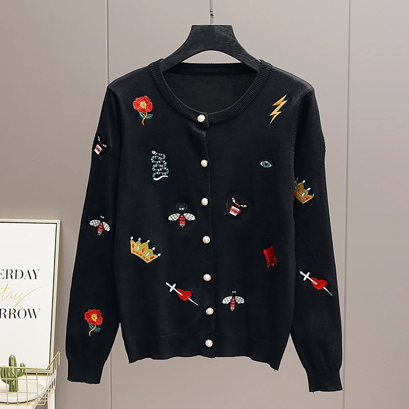 Streetwear Vintage Korean Style Cute Embroidery Knitted Cardigan Women\'s Jacket Sweater