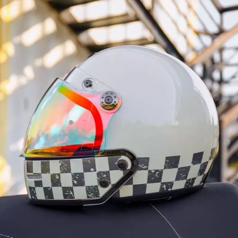 

Vintage Cruise Motorcycle Helmet Small Helmet Full Helmet Variable 3/4 Helmet Combination Helmet White Checkerboard Four Seasons