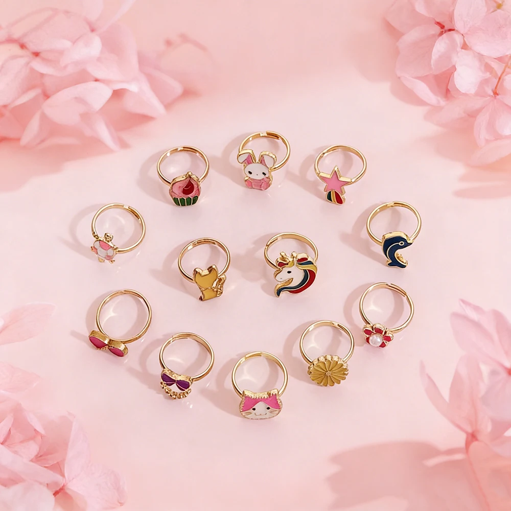 12Pcs Adjustable Open Rings with Colorful Enamel Unicorn, Rabbit, Cat, Fox, Dolphin, Star, Bow, Flower Designs, Kc Gold Plated Rings, Girls' Decoration Accessories, Birthday Party Gift Set