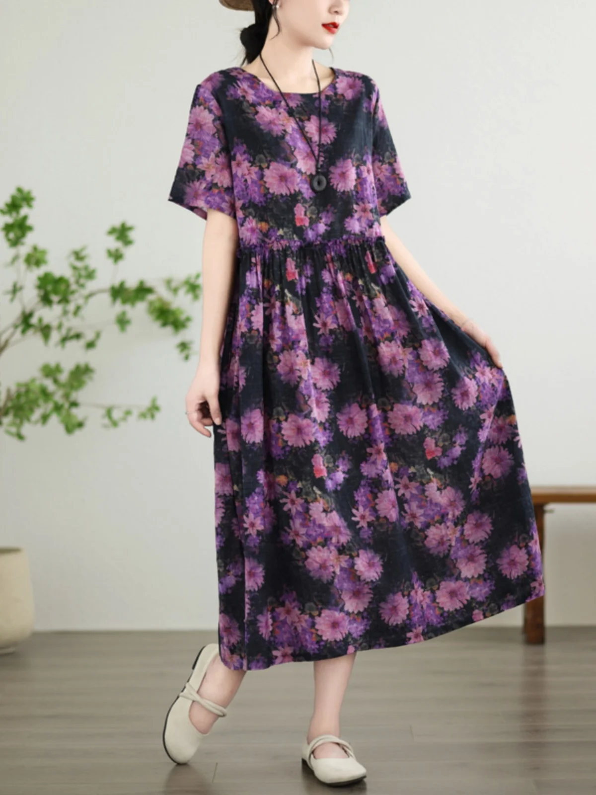 レトロなコットンリネンまたはスウェードのような大きなサイズの女性用ファッション、ラウンドネック、ゆったりとした花柄のAラインスカート、通勤用、プリント入りD...